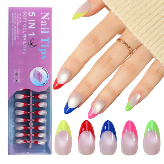 Jellyqueen Cat Eye French Press on Fake Nail Tips, 150Pcs Medium Almond Nail Tips, Multicolor Soft Gel Tips Press on Nails Fake Nails for Nail Art DIY 15 Sizes(A16-04-02 French cat eye)