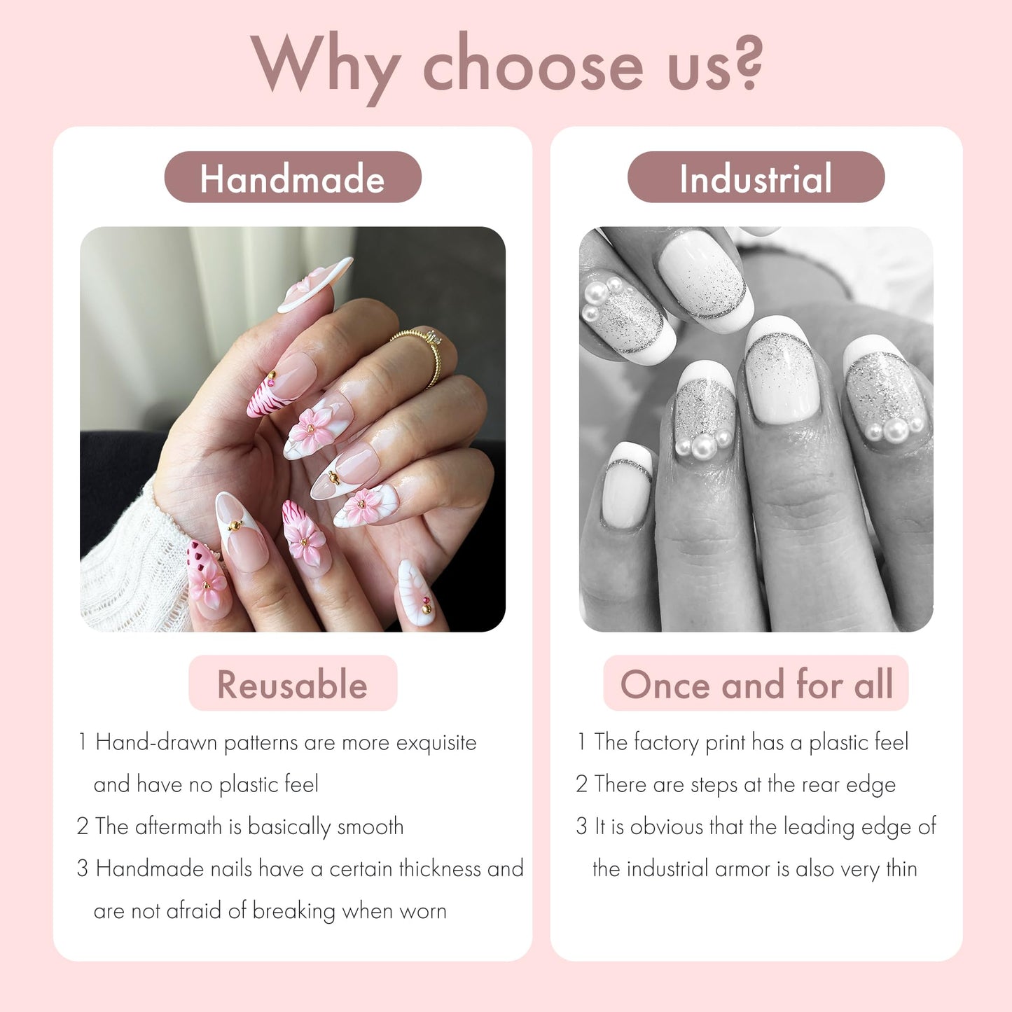 10PCS Pink Floral Press-On Nails - 3D Romantic Spring Blossom Nails, Nude & Pink Girly Elegant Pastel Flower Acrylic UV Gel Fake Nails for Women (Pink, XS)
