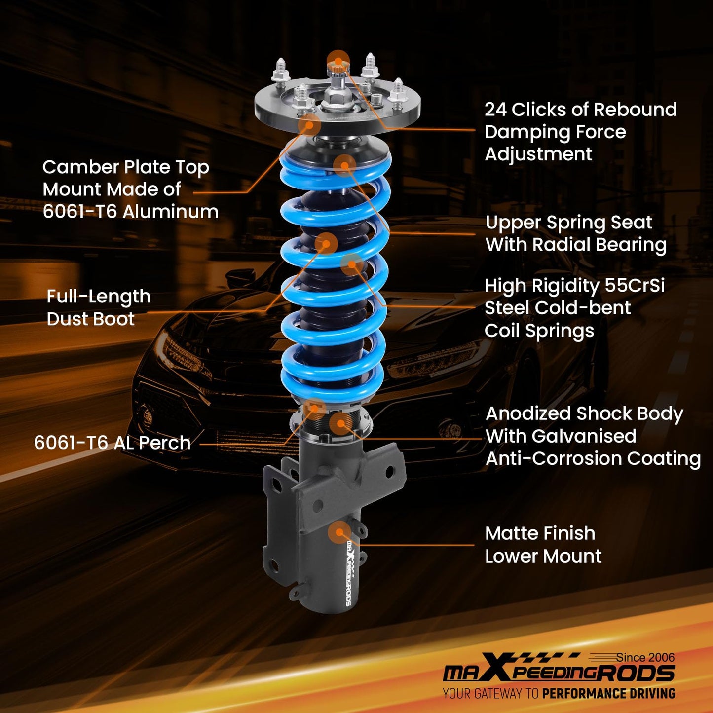 maXpeedingrods Coilover for Ford Mustang S-197 2005-2014, for Ford Mustang GT S-197 2005-2014, 24 Levels Damper Adjustable Coilovers Suspension Kit, Height Adjustable T6 Upgraded Lowering Kits Blue