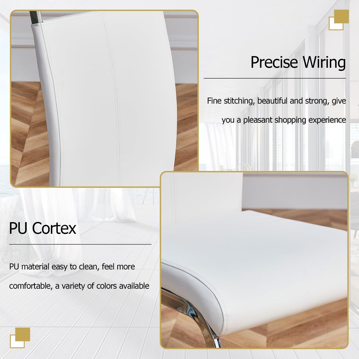 Ebullient Glass Table Set for 6, 7 Piece Set, Tempered Glass Top, White Modern Table with 6 PU Leather Ergonomic Chairs