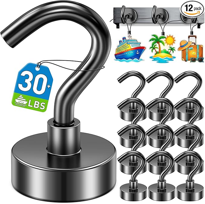 12 Pack Magnetic Hooks for 2026 Cruise Cabins Beach Vacation 30lbs+ Heavy Duty Magnet with Hook Metal Magnetic Hooks for Kitchen Fridge Grills Hanging Magnet Hooks for Classroom Locker Whiteboard