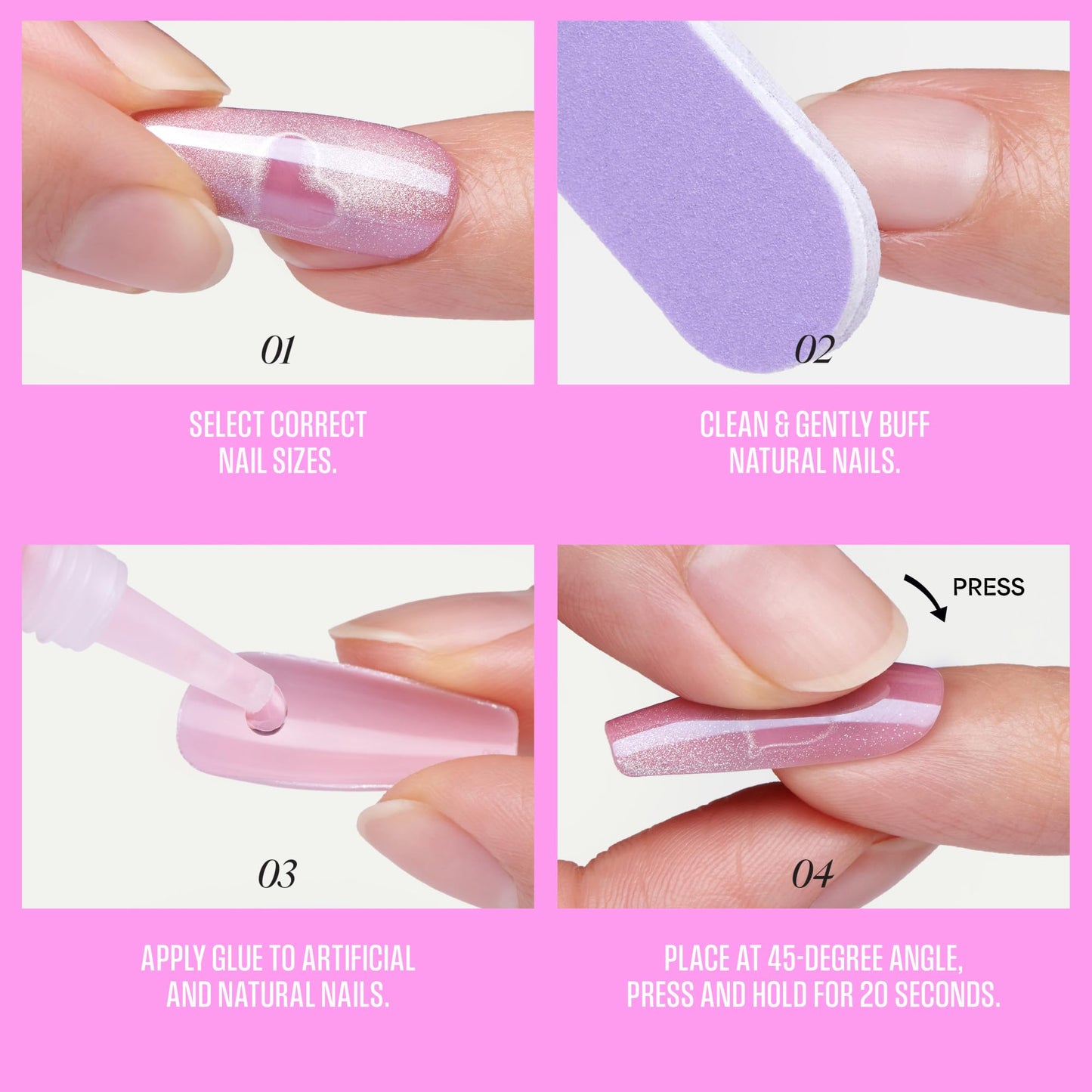 Kiss Glam, Press On Nails, Nail glue included, 'Pink Sugar', Pink, Long Size, Coffin Shape, Includes 32 Nails, 2g Glue, 1 Manicure Stick, 1 Mini File