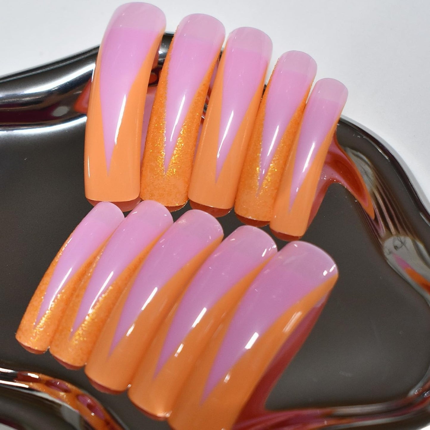 24pcs Curve Press on Nails Extra Long Fake Nails Orange French Tip Press ones with designs Acrylic Glue on Nails Women Girls Glitter Art Manicure for Daily Nail Supplies