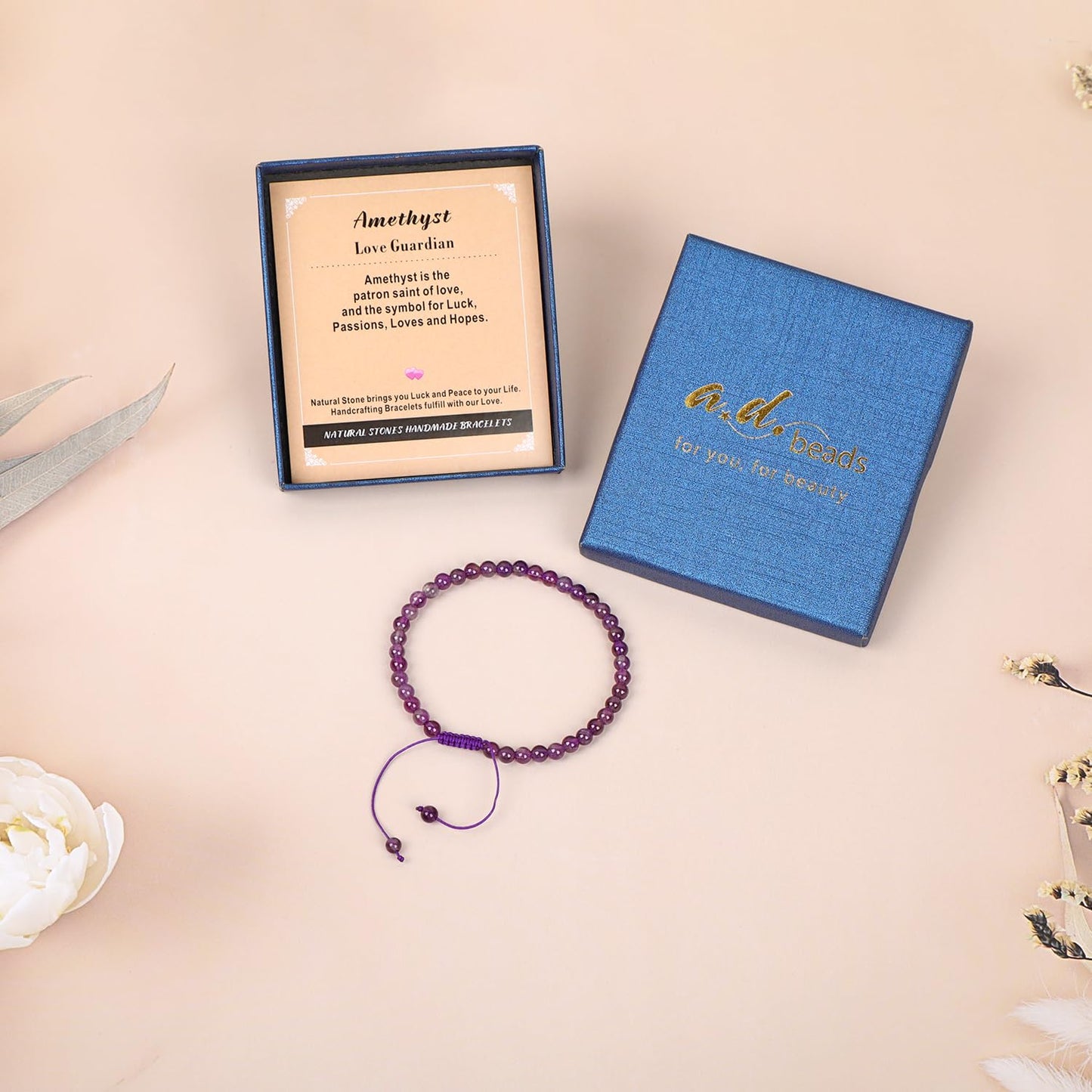 AD Beads 4mm Amethyst Bracelet - Stone of Love Guardian - Handmade Natural Stone Crystal Bracelet with Adjustable Macrame String - Yoga Healing Power Energy Gifts for Men and Women