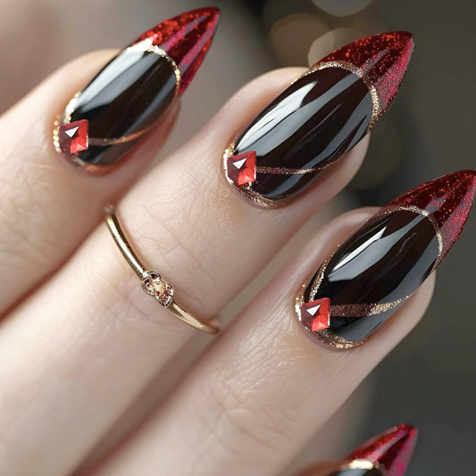 24Pcs Red Glitter French Tip Press on Nails - Medium Almond Fake Nails Press ons 3D Red Rhinestone Designs Gold Lines False Nails Black Glossy Full Cover Reusable Acrylic Stick on Nails for Women