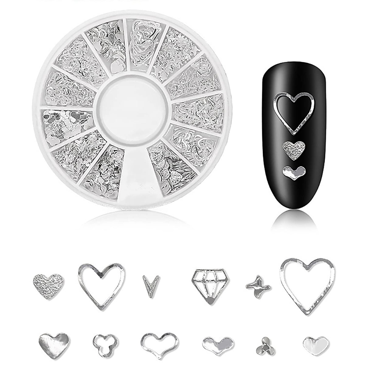 DANNEASY 3D Nail Charms Nail Jewels Silver Nail Art Charms Charms for Nails Metal Nail Studs Nail Jewelry for Acrylic Nails DIY Craft Nail Decoration (6 Boxes)