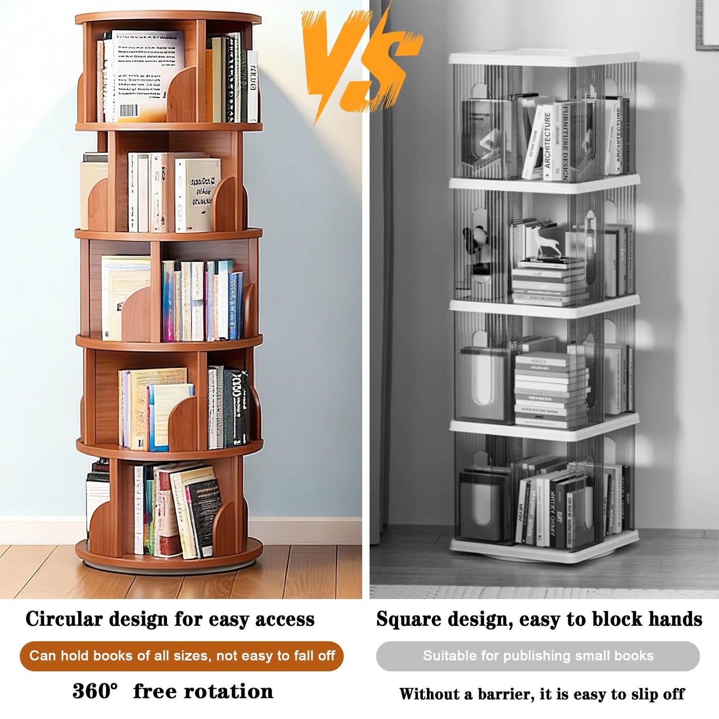 JIANXINGHOOM 5-Tier Rotating Bookshelf,Rolling Bookcase with 360° Spin for Small Spaces, Corner Revolving Organizer for Home Office, Bedroom, Kids Room Walnut Finish