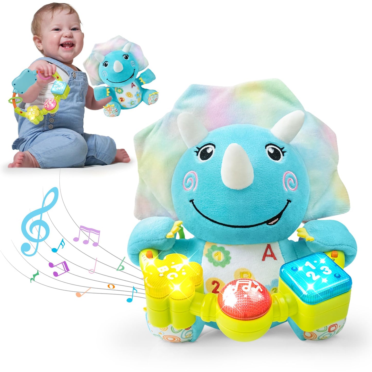 Holaxander Baby Dino Musical Stuffed Animals Toy with Light-Up Music & Crinkle Sound Paper,Infant Bilingual Early Learning Education Toys,Tummy Time Toys for 0-3-6-12+ Months Boy Girl