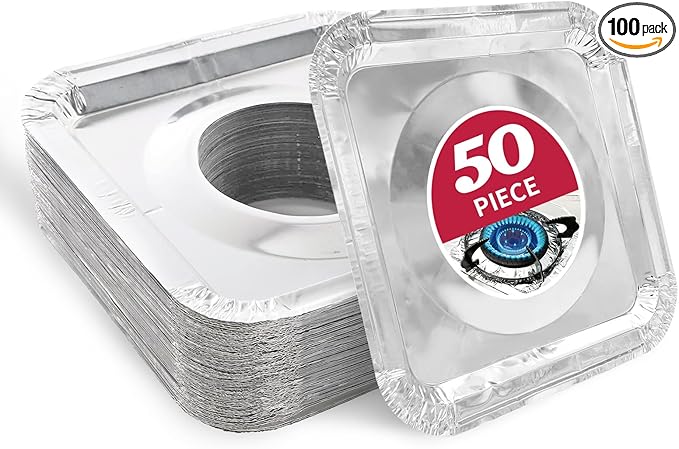 50pc Aluminum Gas Stove Burner Covers -Thicker Foil Square Burner Liners - Disposable Gas Range Protectors, 50 Packï¼Outer diameter: 8.5 x 8.5 inchï¼
