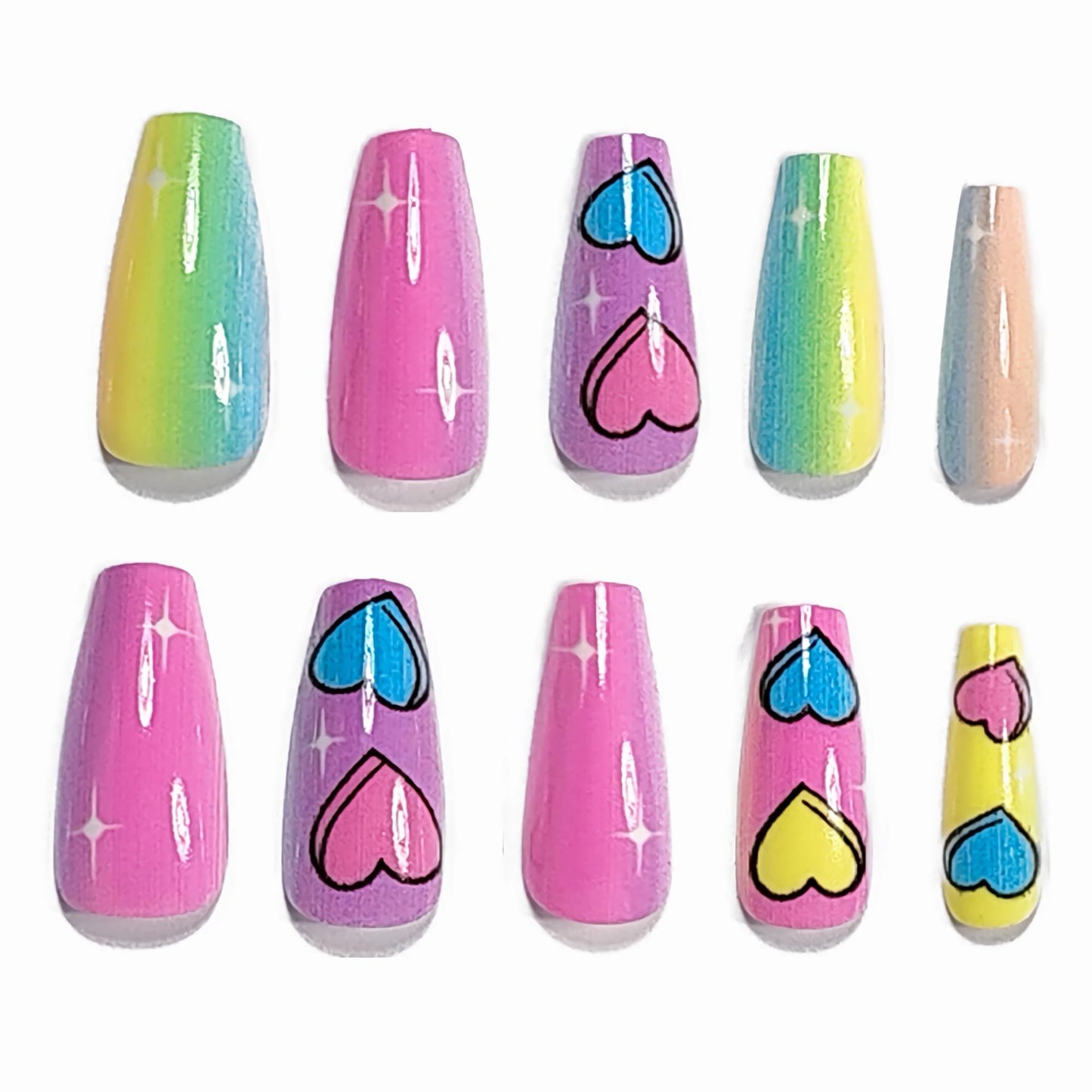 BABALAL Press on Nails Long - Coffin Fake Nails, Colorful Rainbow Heart Design, 24Pcs Coquette Ballerina Manicure False Acrylic Nails Supplies Diy Artificial Art Gel for Women