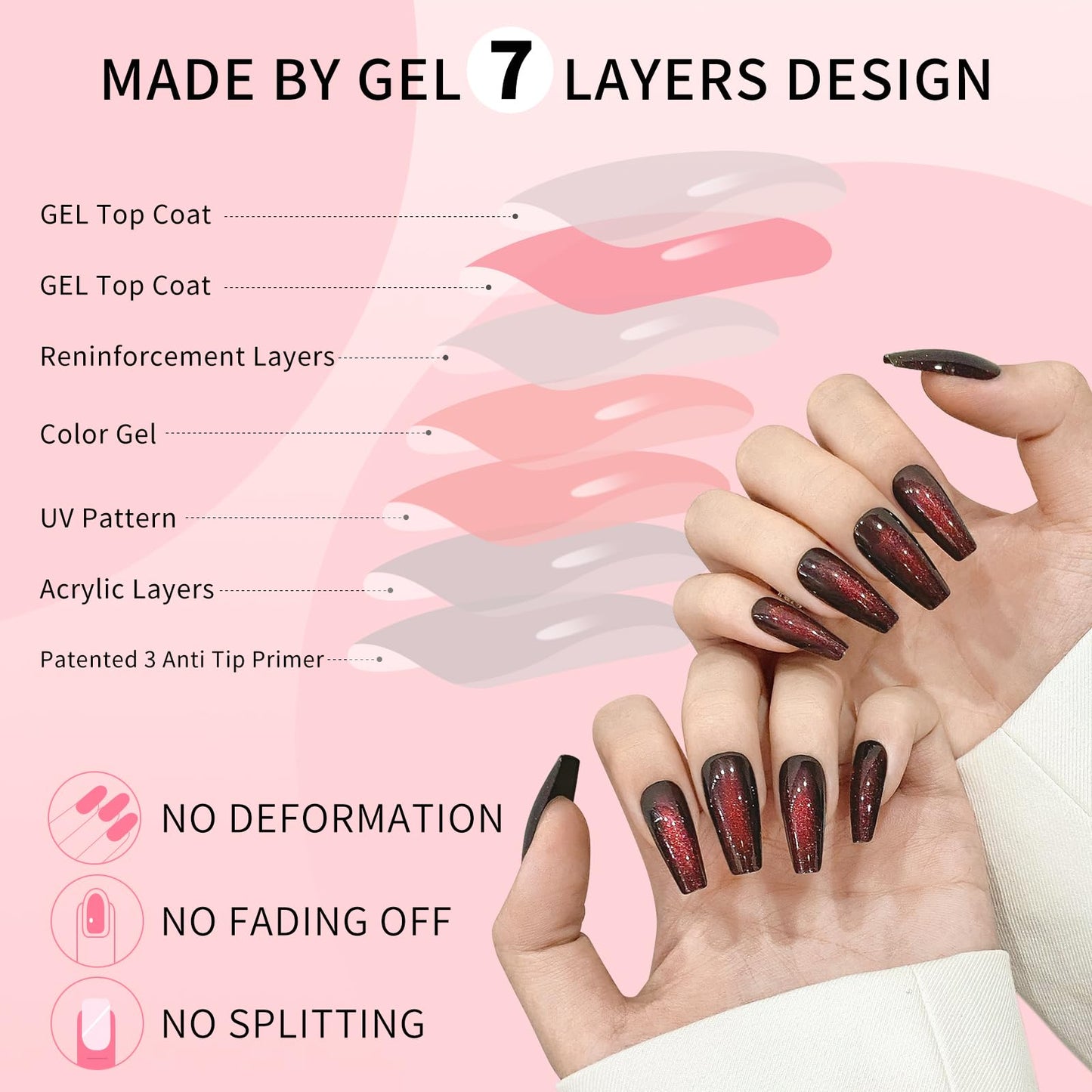 Cat Eyes Press On Nails,12 Sizes - 24 Pcs Soft Gel Dark Red Brown Medium Coffin Fake Nails Kit with Nail Glue, Natural Reusable Stick On False Nails for Women and Girls (Skycloud Nails) SK0825