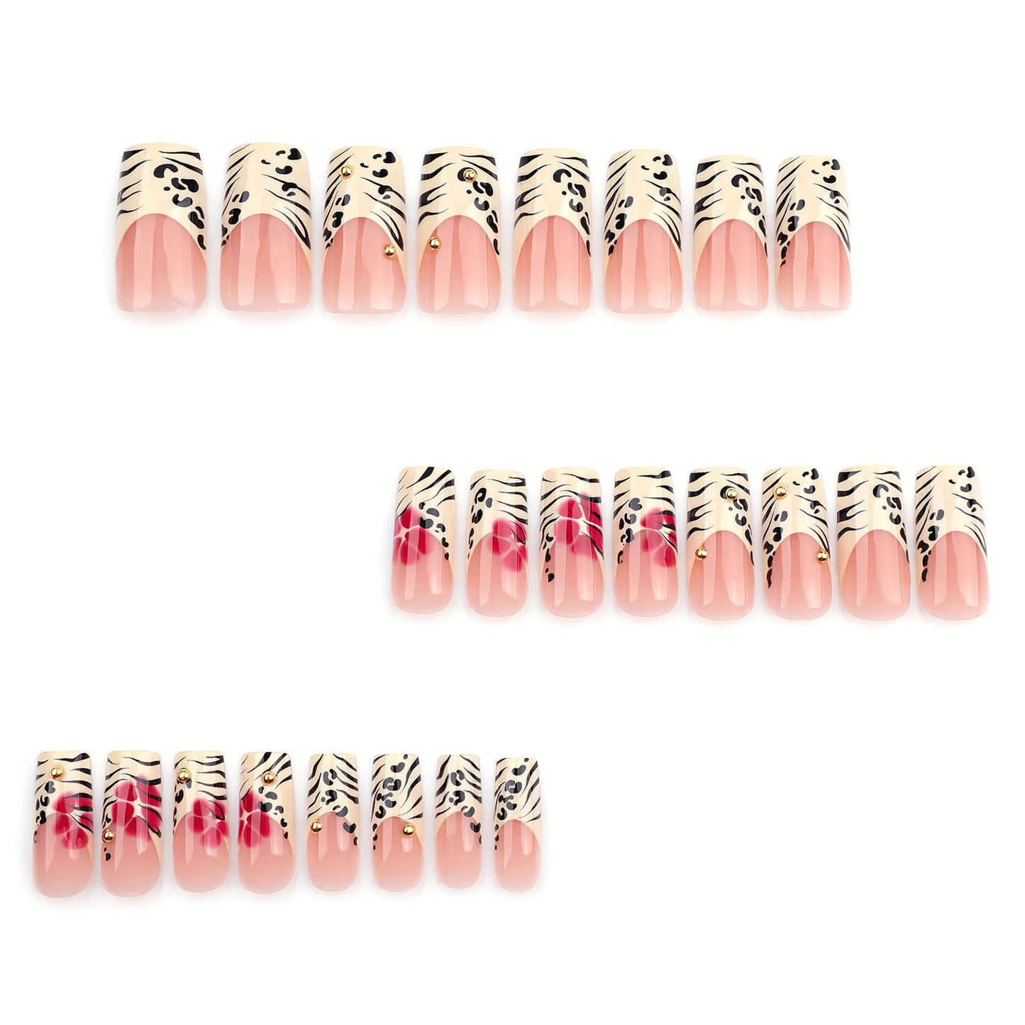 Jremg Leopard Print French Tip Press on Nails Long Square Fake Nails with 3D Gold Pearl Designs Glossy Red Flower Full Cover Glue On Nails Reusable Coffin Autumn Winter False Nails for Women 24Pcs