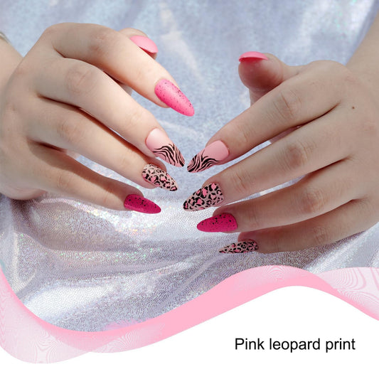 24pcs Pink Press-On Nails Long Stiletto Matte False Nails with Leopard Pattern Full Cover Pink False Nails Flame French Glue Ballerina Acrylic Nails Women's Nail Art Decoration