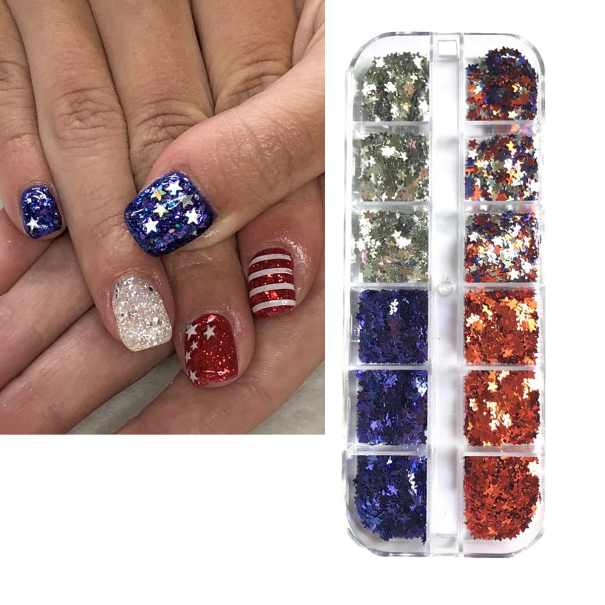 4th of July Nail Art Glitter Sequins 3D Holographic Nail Flakes Red Silver Blue American Flag Nail Art Design Shiny Star Nail Glitter for Acrylic Nails,Independence Day Manicure Decoration Accessories