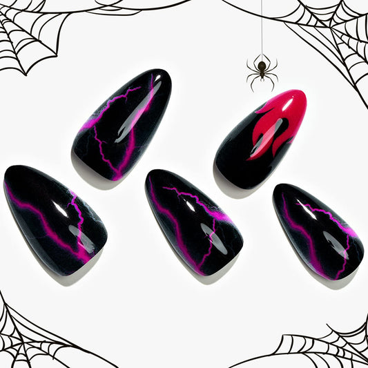 Almond Press on Nails with Red Thunder, GLAMERMAID Black Oval Fake Nails with Design, UV Glossy Finish Cartoon Acrylic False Nail Kits, Fire Stick Glue on Nails Sets Reusable Full Cover Nails for Women Girls Gift, 24Pcs