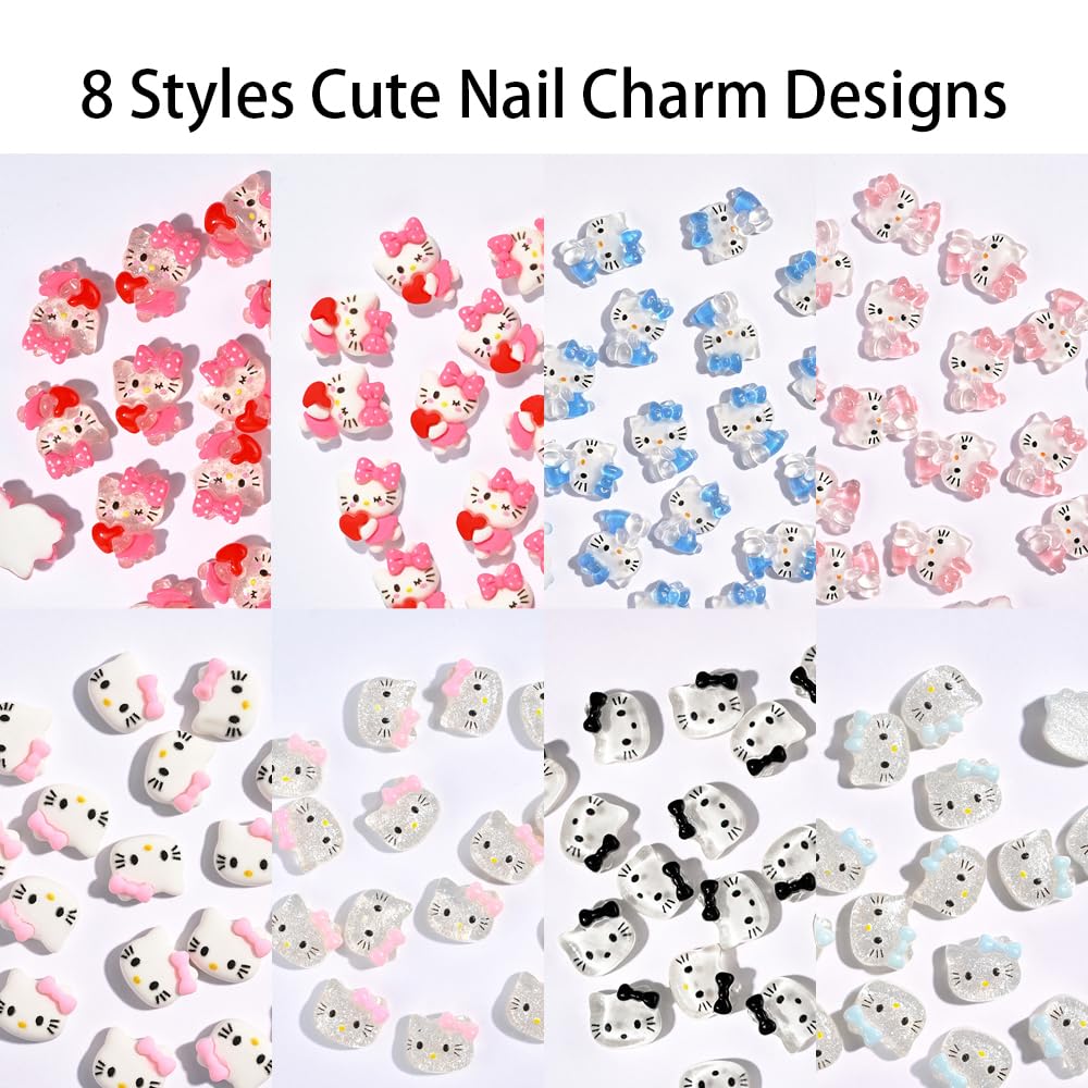 Kawaii Cartoon Cat Nail Charms 40Pcs Cute 3D Nail Art Charms Designs Cat Nail Jewelry Rhinestones Gems and Charms for Women DIY Manicure Decoration Accessories