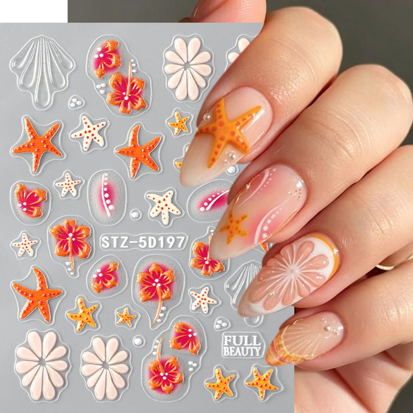 5D Embossed Nail Stickers, 6Pcs Self-Adhesive 3D Floral Nail Decals with Hibiscus, Dolphin & Starfish,Seashell, Tropical Flower Summer Ocean Nail Art Supplies DIY Manicure Nail Accessories for Women
