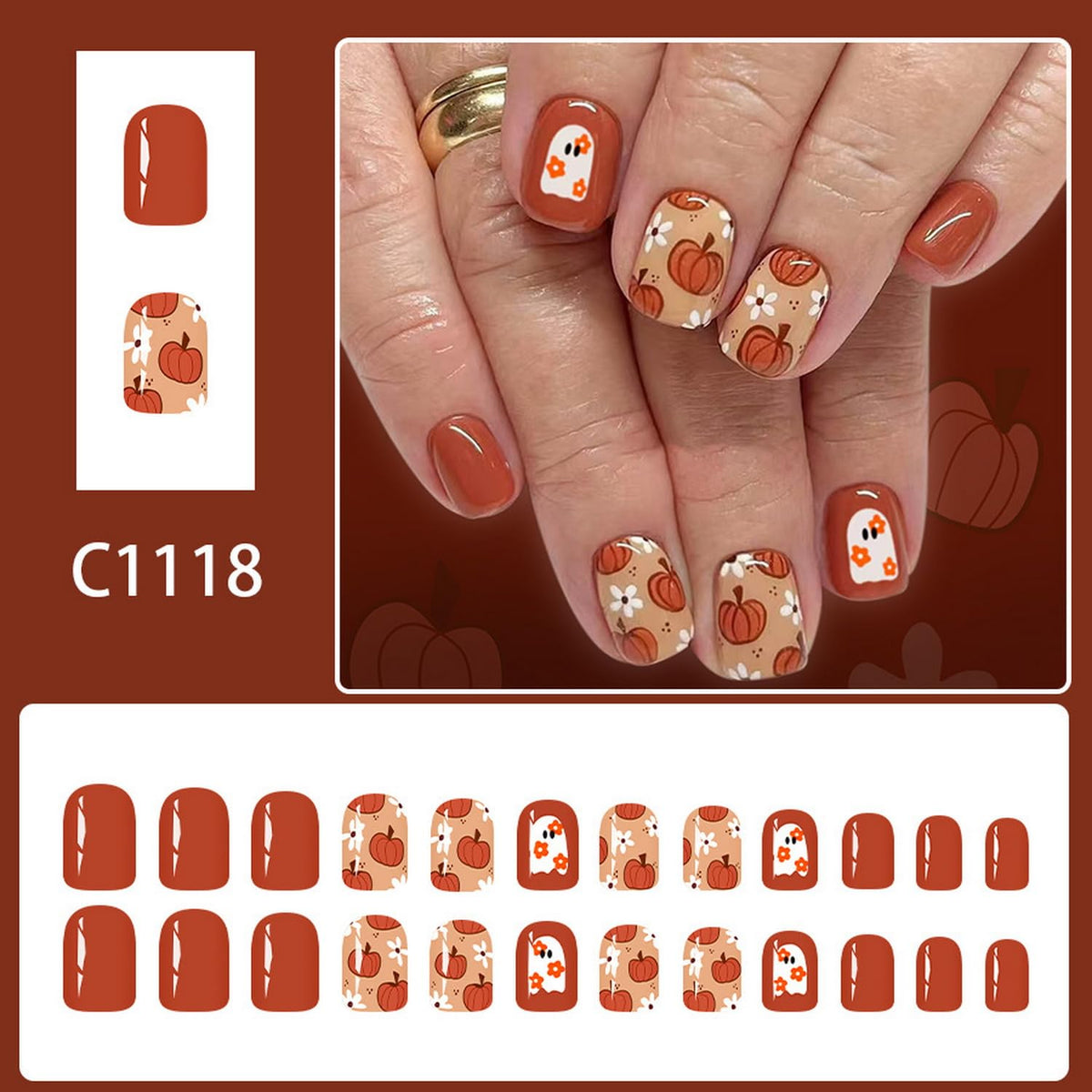 Short Halloween Press on Nails Square Fake Nails with Pumpkin Flower Ghost designs Stick on Nails Glossy Full Cover Fall False Nails Orange Glue on Nails for Women Cute Nail Decorations24pcs