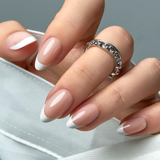 CurvLife Press On Nails Medium Almond White French Tip, Nude Pink Soft Gel Glossy Fake Nails, Reusable Durable Salon-Style Manicure for Women Teens Beginners, 30pcs, Daily Wear for Work Party
