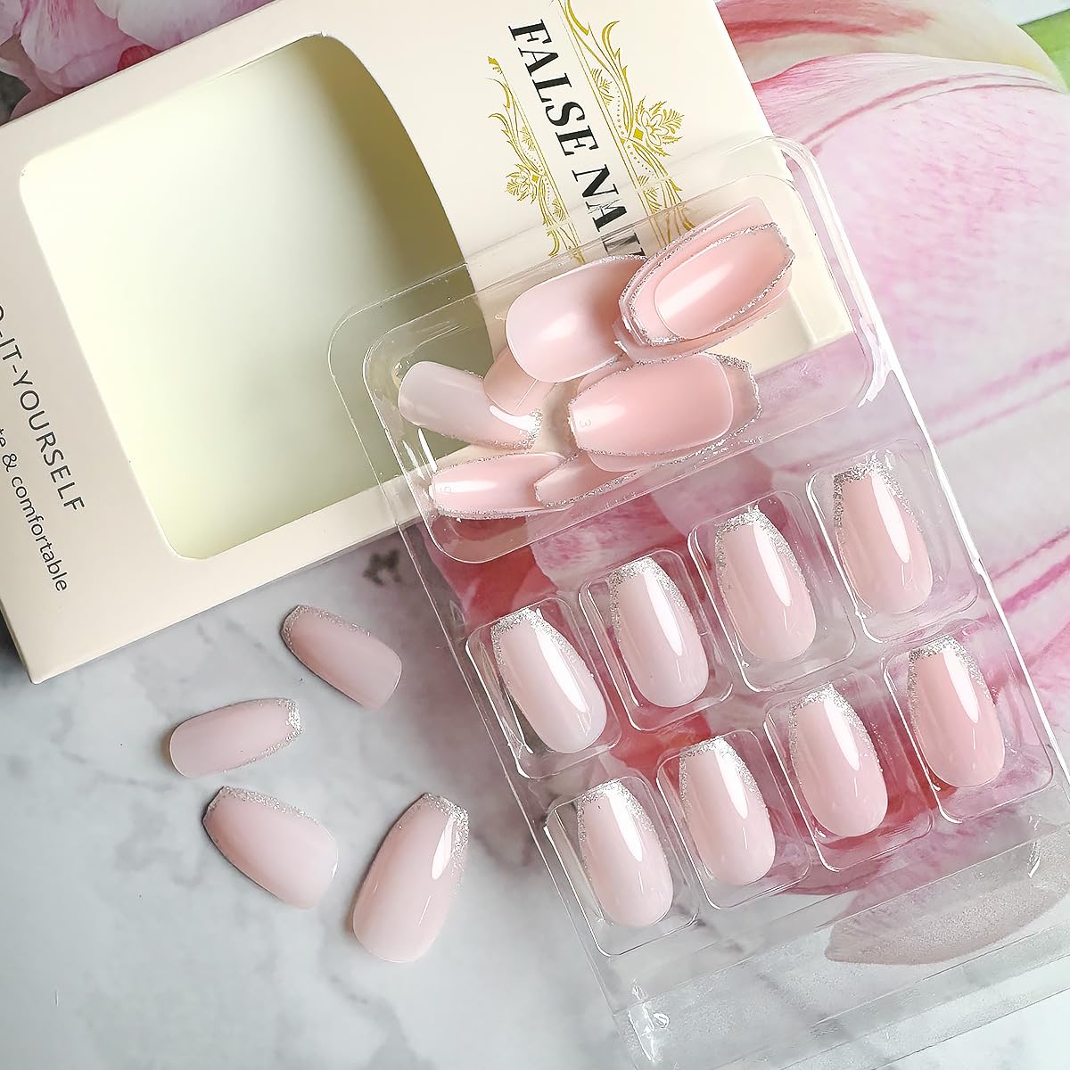 24Pcs Silver French Tip Press on Nails Short Square Fake Nails Glossy Nude False Nails Glitter Full Cover Artificial Glue on Nails Cute Stick on Nails Nail Reusable Supplies for Women DIY Nails Art