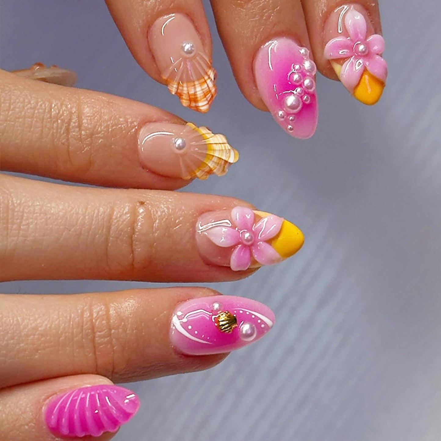 IMSOHOT Press on Nails Medium Almond Fake Nails Yellow Pink Gradient False Nails with 3D Flower Designs Full Cover Acrylic Gel Handmade Stick on Nails for Women Girls DIY Nail Manicure 24Pcs
