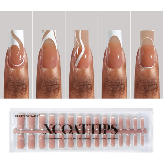 BTArtbox XCOATTIPS Long Square Gel Nail Tips- Brown 5 Styles Pre-Designed French Tip Nails and Pre-colored Soft Gel Nail Tips Pink