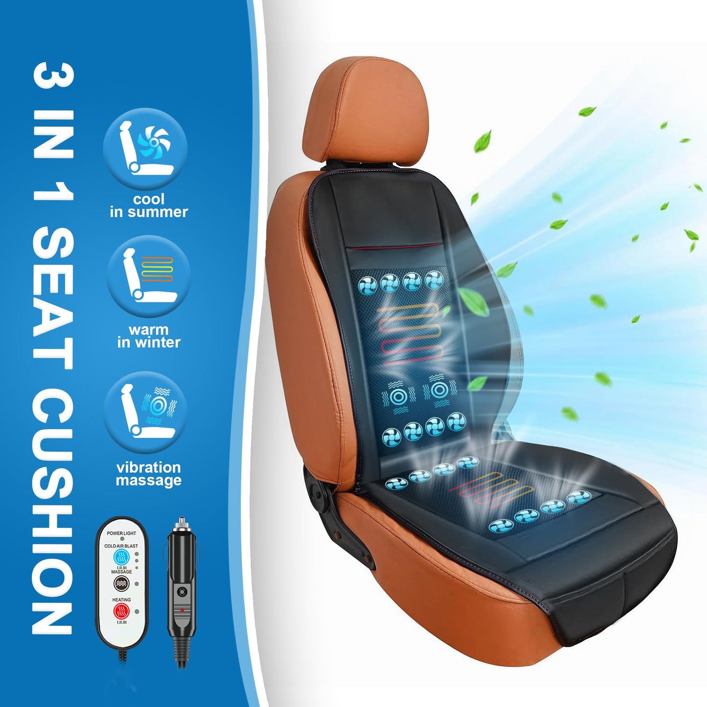 Cooling Car Seat Cushion with 16 Fans, Massage & Adjustable Temperature 12V Seat Cooler Ventilated Seat Cover for Car Fit Summer Winter (3 in 1, Black)