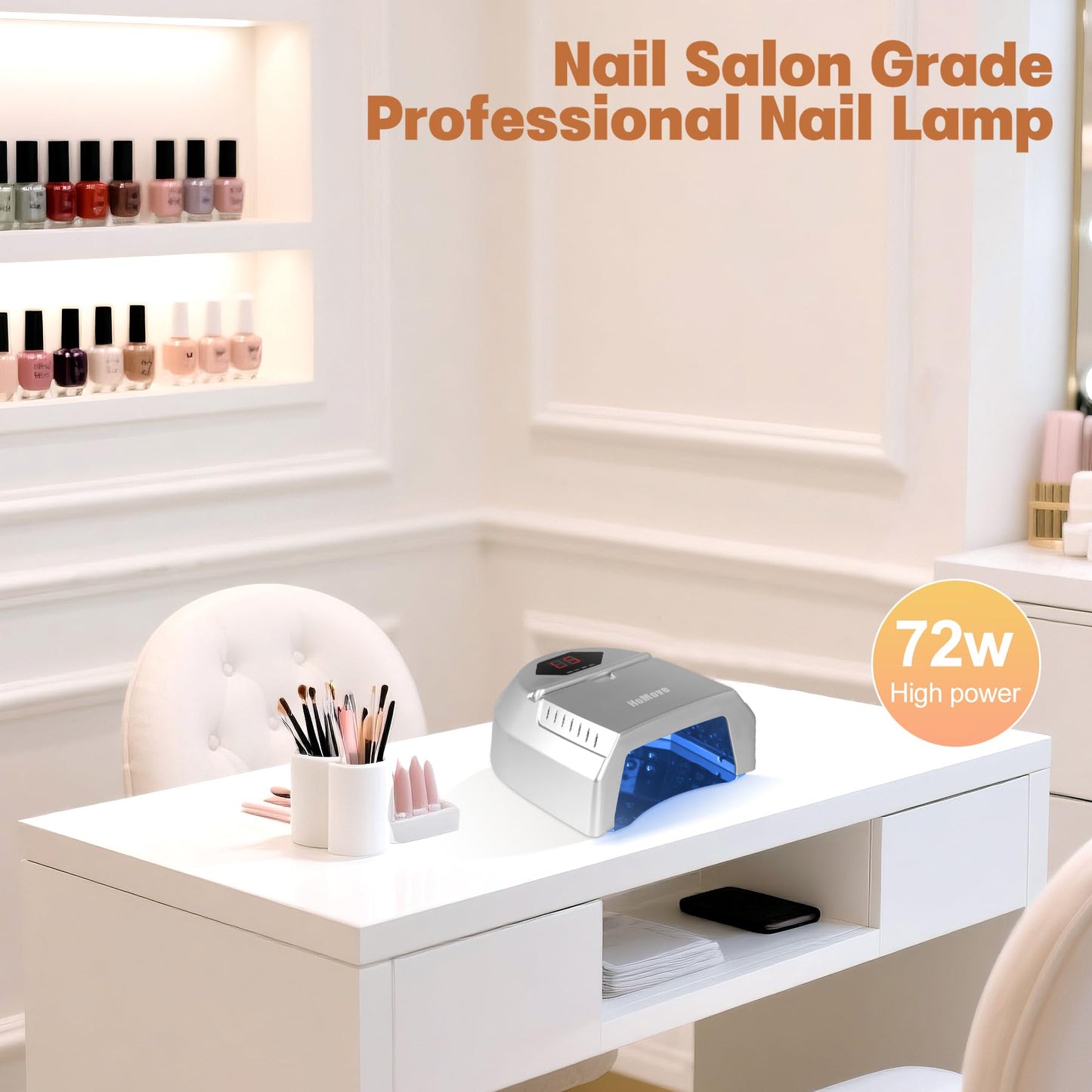 HoMove UV LED Nail Lamp Professional, 72W Cordless Nails Lamp with Fan, LED Nail Light for Gel Nails, Nail Dryer with 45 Beads, Perfect for Salon Manicure, Pedicure(Silver)
