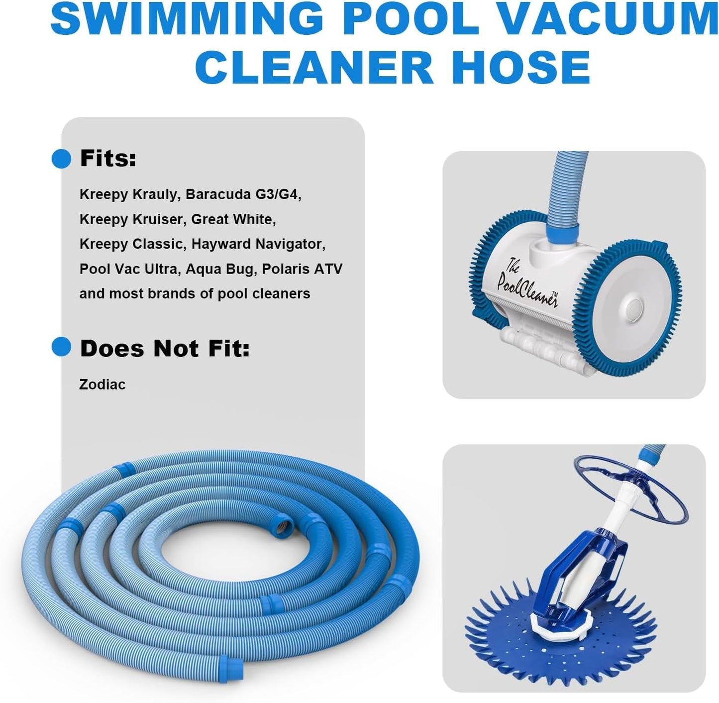 Poolvio Pool Vacuum Hose 33 Feet (10 x 40 Inch), 1.5 Inch Cuffs, Compatible with Most Inground Pool Automatic Cleaners, Blue