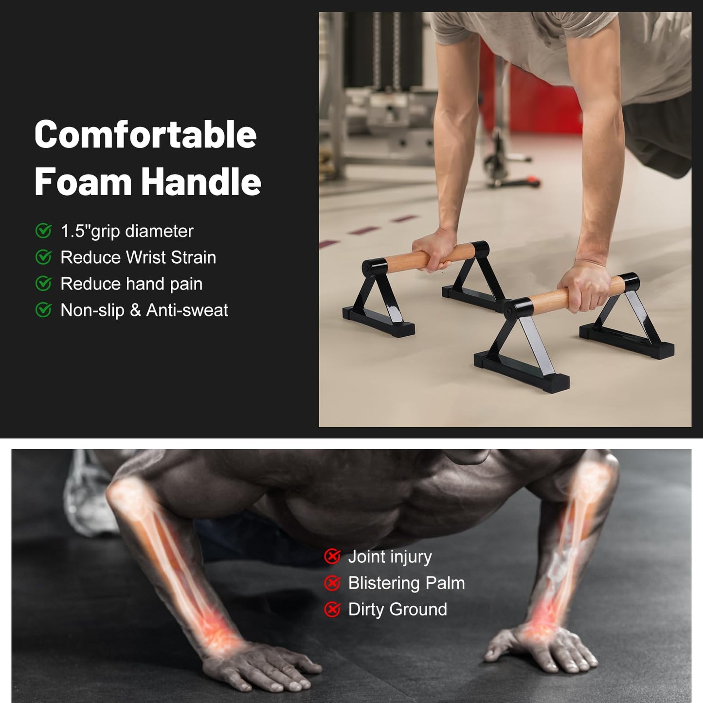 Parallettes Bars, 16 INCH Solid Wood Push Up Bars with Anti-Slip Grip for Calisthenics, Handstand, Floor Workouts, Sturdy Metal Bracket Supports Up to 600 lbs for Home Gym, CrossFit & Fitness Training
