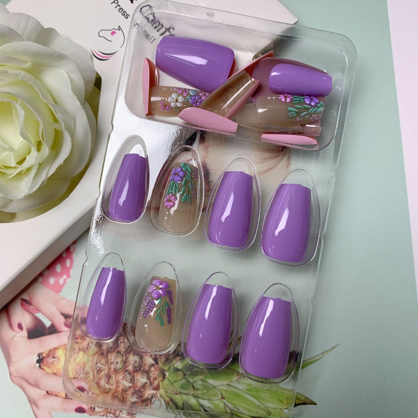 3D Flowers Press on Nails Short Coffin Fake Nails - Purple & Pink Full Cover Acrylic Nails Glossy Full Cover Nails Press ons Summer Stick on Nails for Women 24 Pcs