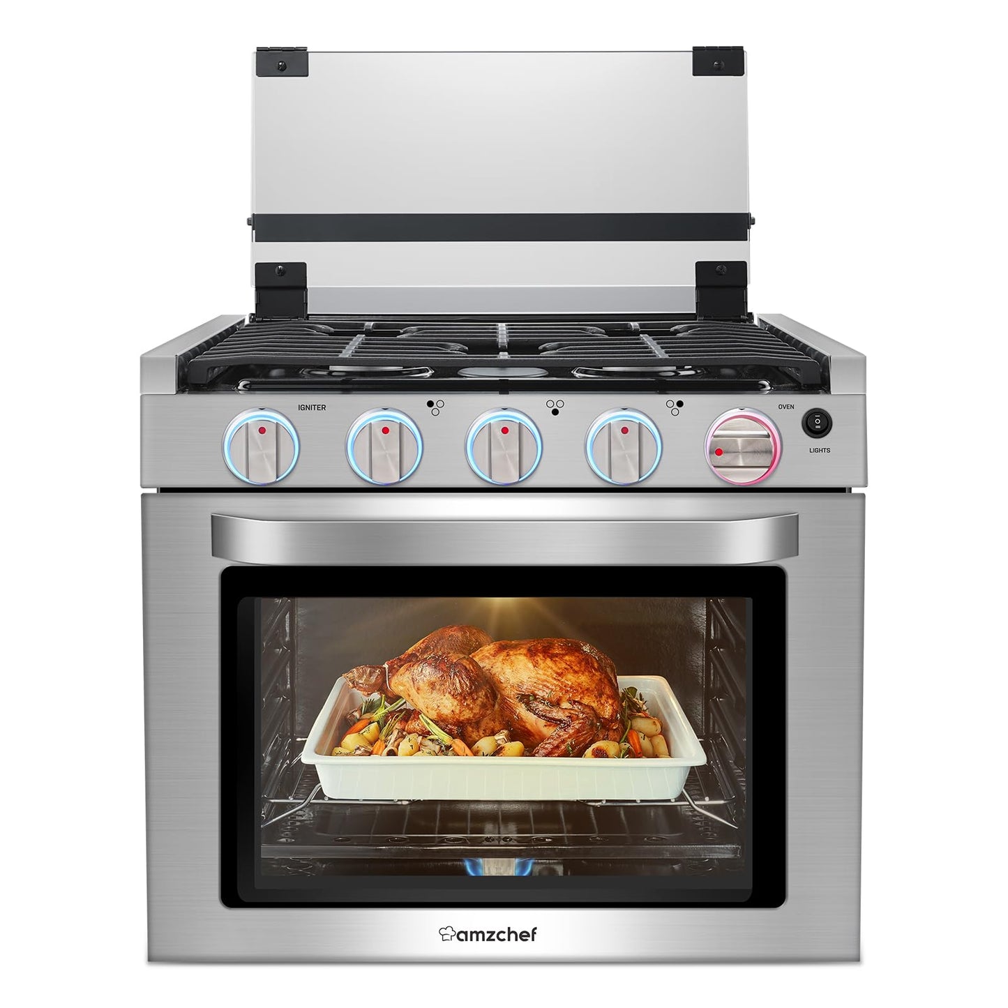 AMZCHEF RV Gas Range Stove 12V. Range Oven for RV Use with 3 Burners,Gas Oven, 28,100BTU, Open Flame Configuration, Knob work indicator, Heavy Duty Cast Iron Grates (Large 21 inch)