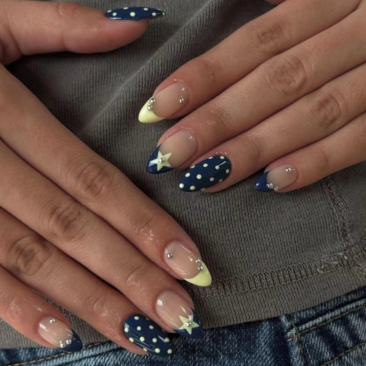 IMRAIN Polka Dot Press on Nails Medium Almond Fake Nails Glossy Blue Yellow Glue on Nails Cute French Nail Tips Acrylic Gel False Nails for Women Girls