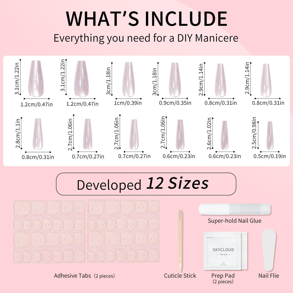 White Pink Cat Eyes Press On Nails,12 Sizes - 24 Pcs Soft Gel White Pink Long Coffin Fake Nails Kit with Nail Glue, Natural Reusable Stick On False Nails for Women and Girls SK1046