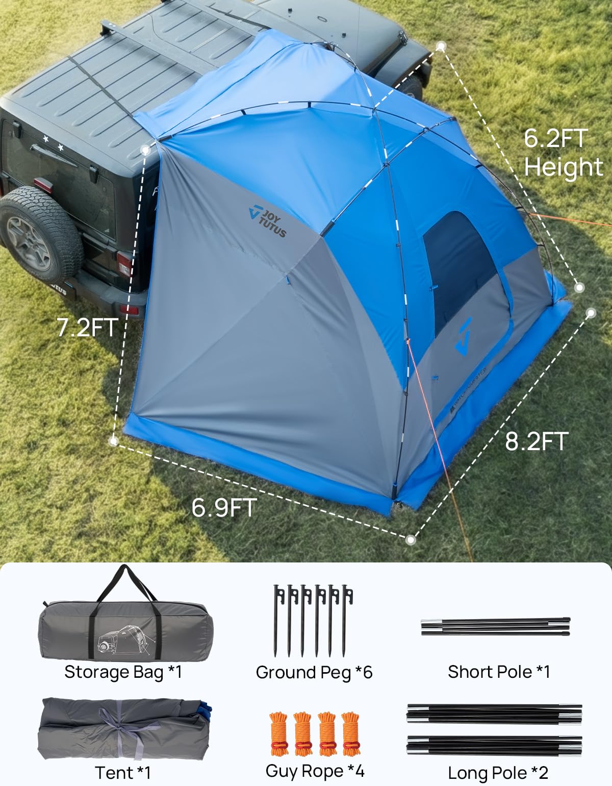 JOYTUTUS Car Shelter with Full-Coverage Sunshade for Side or Rear, Universal Mount Vehicle Awning and Car Camping Tent, Easy Set-up Buckles, Roll up Sides and Windows, UV50+, Rainproof, Gray Blue