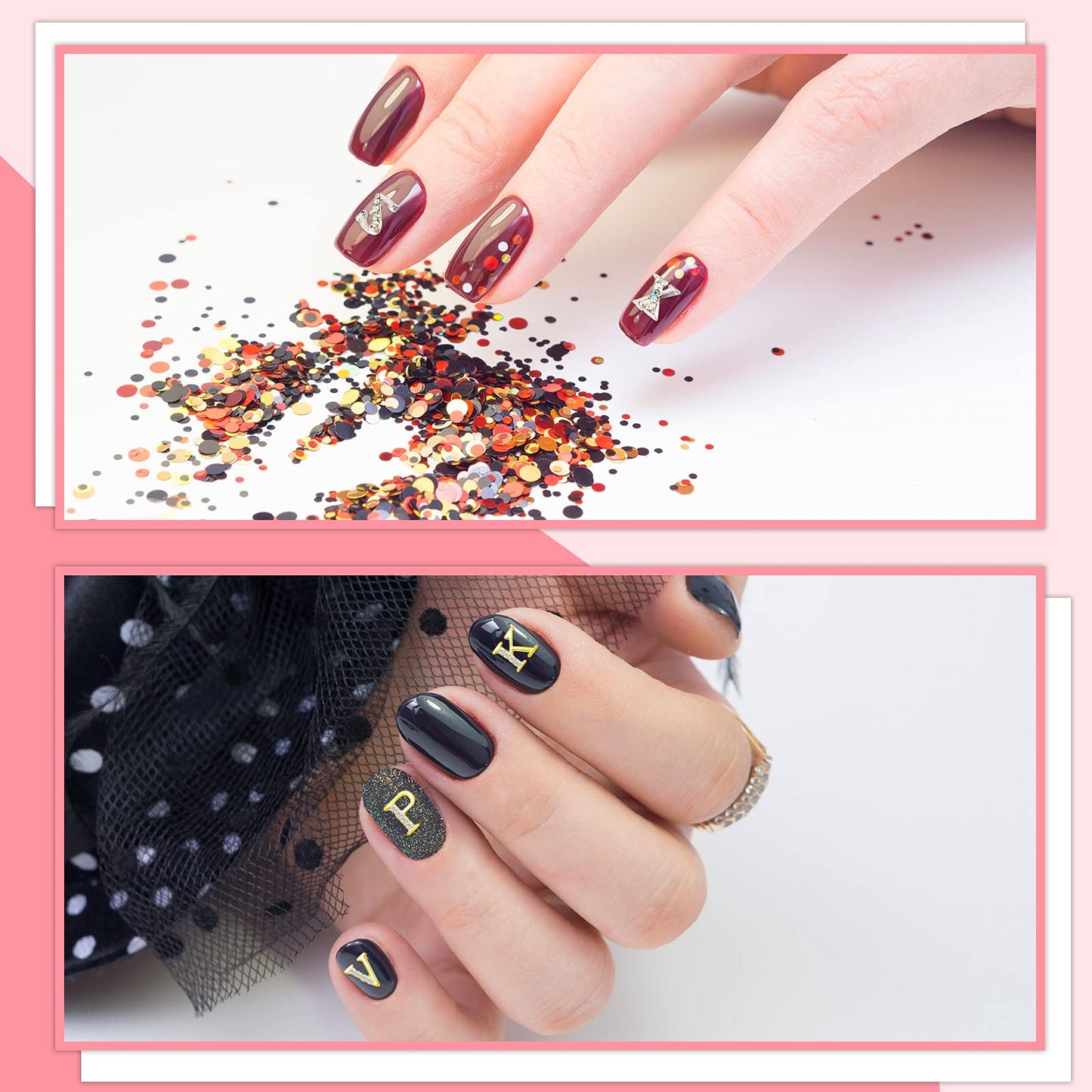 Maitys 104 Pcs Gold Silver Letter Nail Charms 3D Capital Charms Studs Letters and Rhinestone Crystal Nail Decals English Alphabet Fingernail Art Decoration for Women Female DIY Fingernail Art