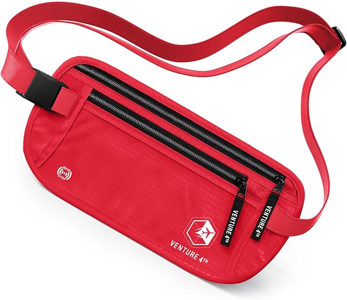VENTURE 4TH Money Belt for Travel Ã¢ÂÂ Hidden Under-Clothes RFID Blocking Passport Holder & Slim Travel Wallet Pouch for Men & Women to Protect Cash, Cards & Documents (Red)