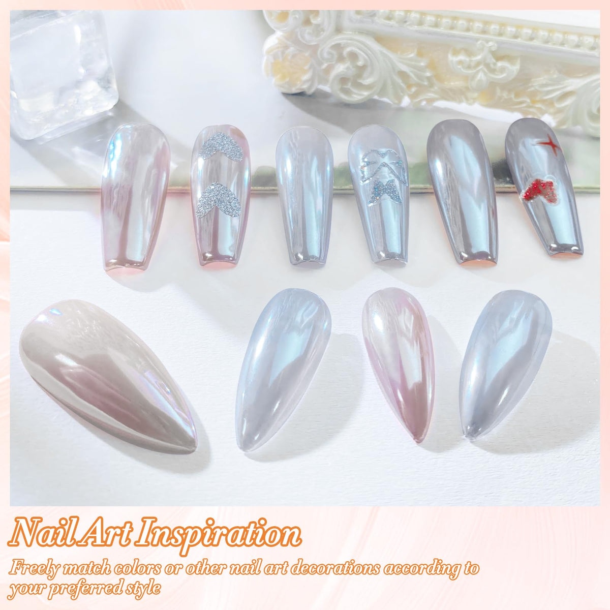 FNNZ Unicorn Chrome Nail Powder, Aurora Unichrome Mermaid Aurora Metallic Nail Powder Pigment Pearlescent Nail Art Glitter Decoration for Home DIY Nail Salon Manicure - Glass Candy