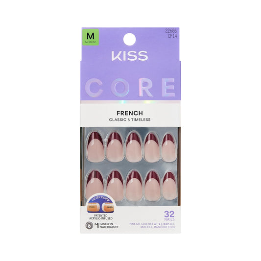 Kiss Core, Press On Nails, Nail glue included, 'Cheerful', Red, Medium Size, Almond Shape, Includes 32 Nails, 2g Glue, 1 Manicure Stick, 1 Mini File