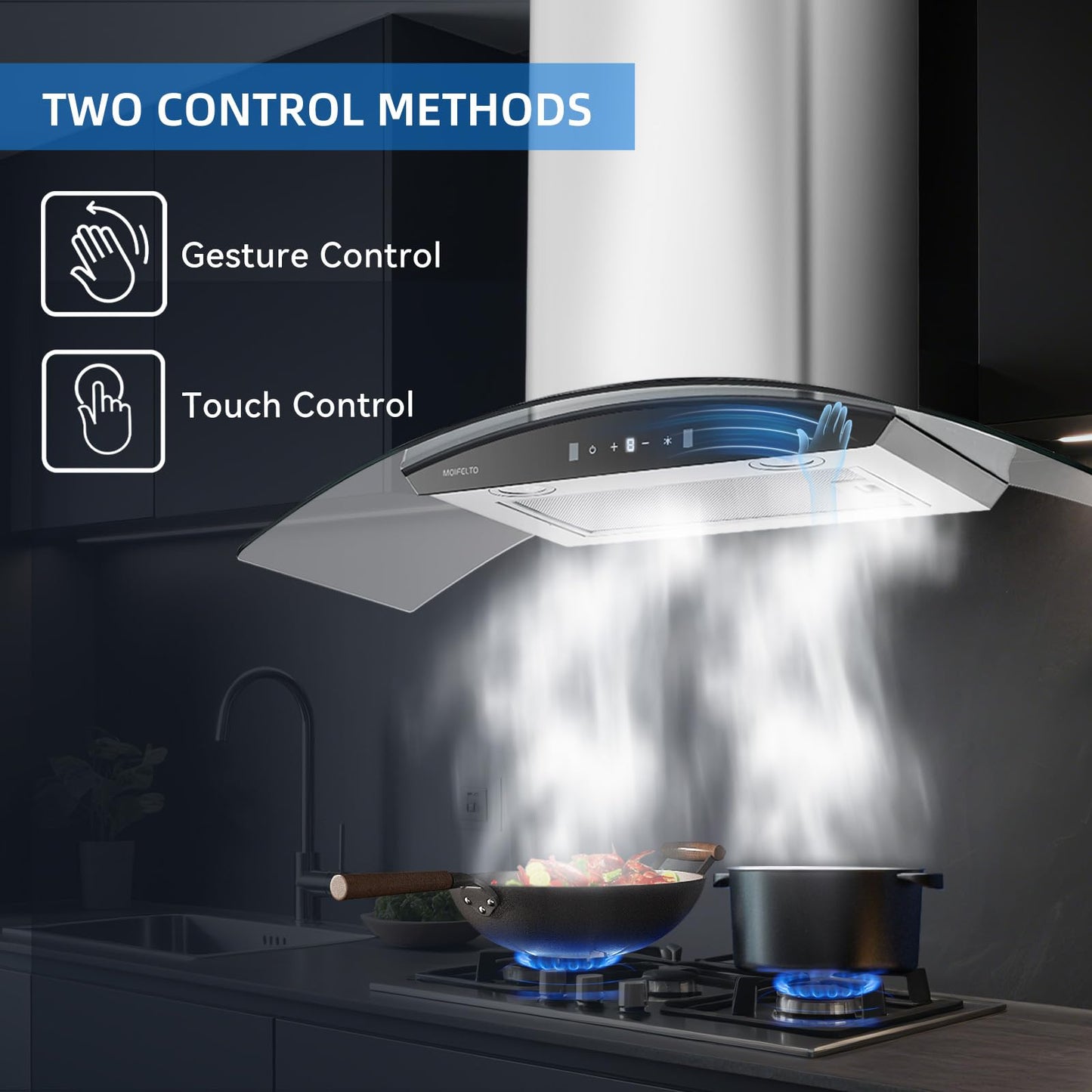 Wall Mount Range Hood 36 Inch 700 CFM Tempered Glass with Ducted Vent Hood, 3-Speed Exhaust Fan, Stainless Steel Filters, Gesture Sensing & Touch Control Switch Black Panel and 2 LED Lights