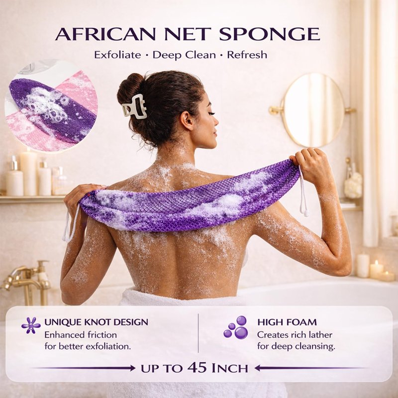 African Net Sponge Authentic, 3 Pcs Exfoliating Net Sponge for Bath, 45 Inch Long Stretch Back Scrubber for Women and Men, Exfoliating Shower Scrubber (Brown+Blue+Gold, 3 Packs)