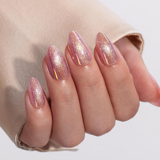 VSALON Press on Nails Short Almond - Pink Cat Eye Pastel Glitter Holographic Spring Fake Nails Kit, Reusable Opaque Gel Chrome Glue on Nails with Glue & Cuticle Oil