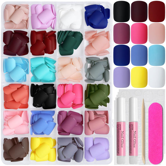 AddFavor Press on Nails Short Square Fake Nails, 576pcs 24 Colors Square Press on Nails Full Cover Acrylic Nail Press ons, Matte False Nail Tips for Women Glue on Nail