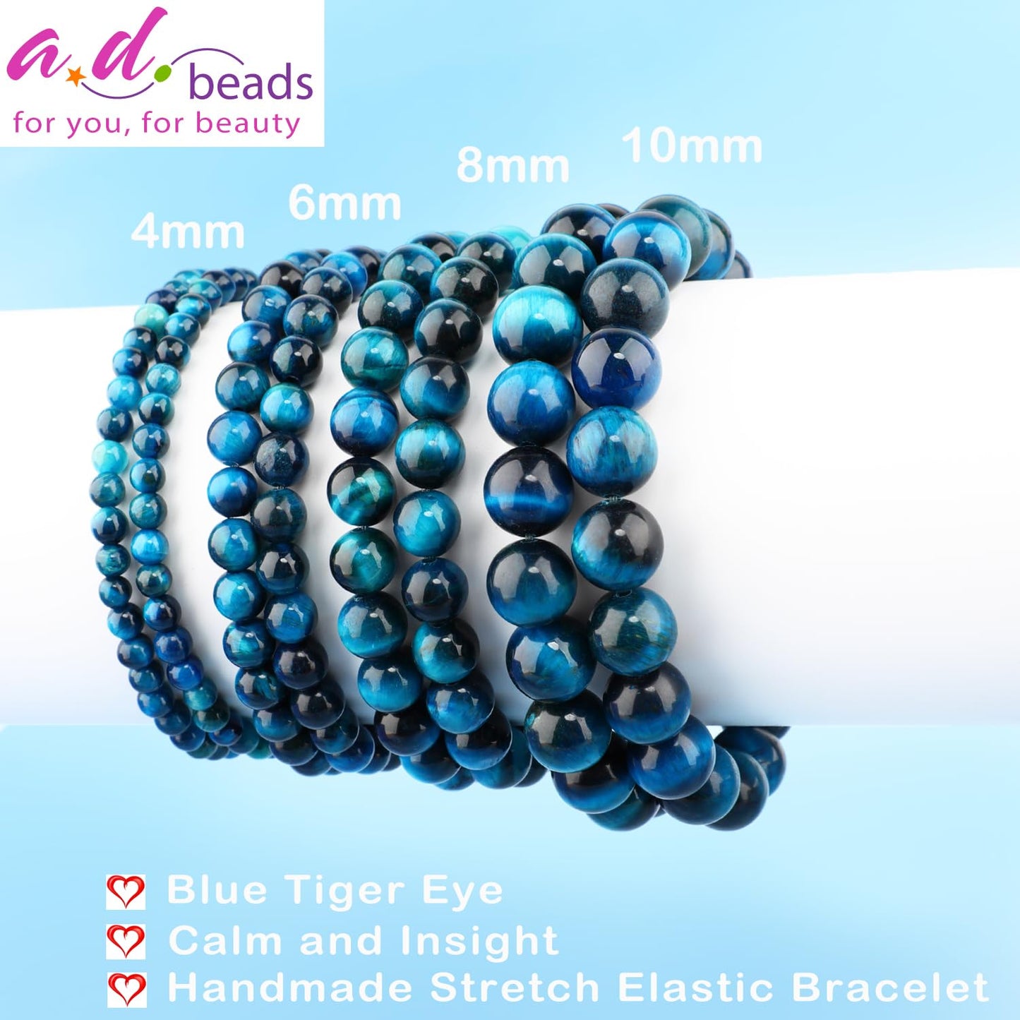 AD Beads 8mm Handmade Blue Tiger Eye Elastic Bracelet – Natural Gemstone for Calm and insight – Meditation, Yoga, Healing and Energy Gift for Men Women