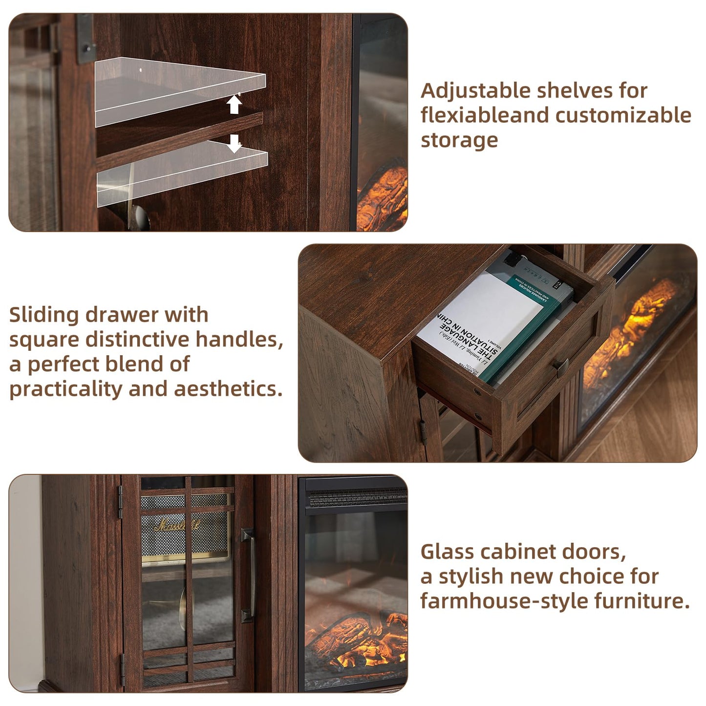 SAVOR LIFE 70" Fireplace TV Stand with 36”Silent Electric Fireplace, Farmhouse Entertainment Center for TVs up to 80", 2 Drawers TV Console with Glass Door Cabinet, Walnut TVs Cabinet for Living Room