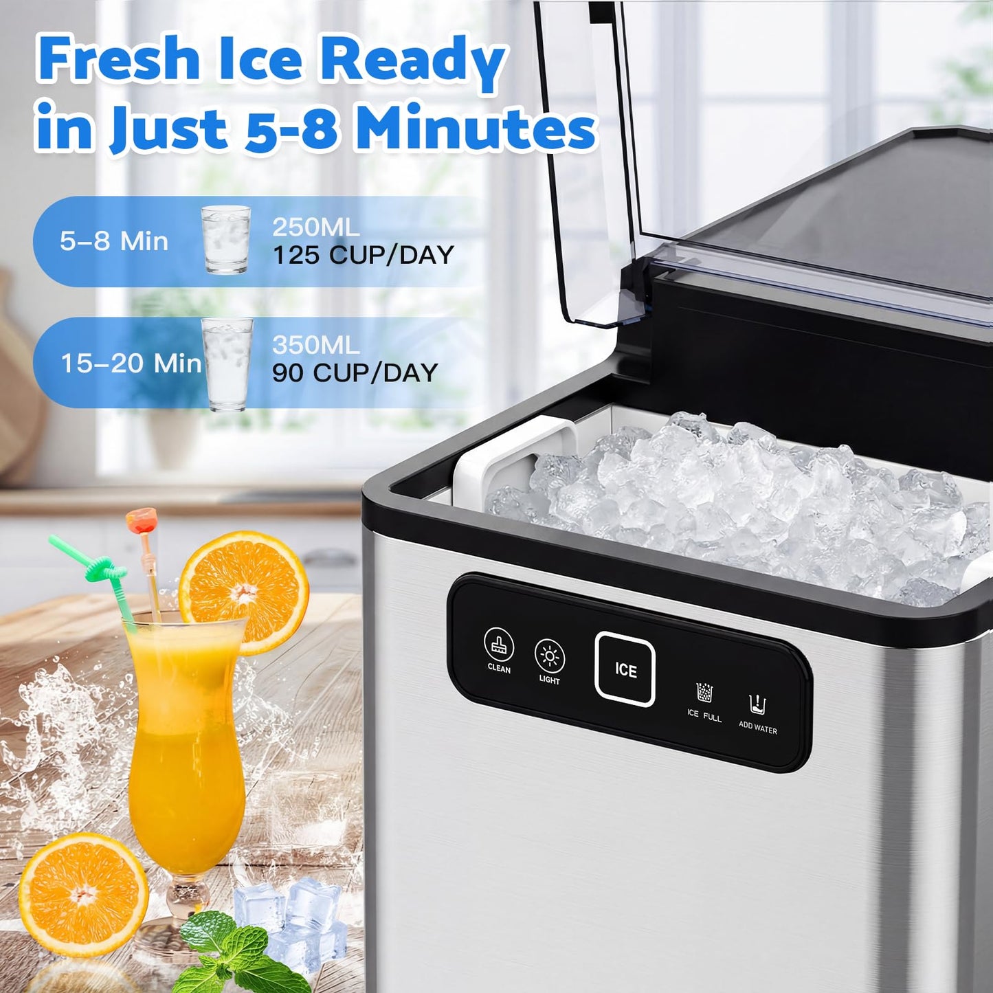 MOMOKOVA Nugget Ice Maker Countertop,Pellet Ice Machine Chewable Ice 40Lbs/Day,Ready in 5 Mins, Self-Cleaning,Compact Crushed Ice Maker with Scoop for Home/Kitchen/Office, Stainless Steel