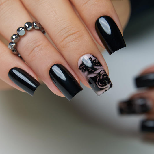 CurvLife Press On Nails Stick On Short Design Acrylic Stick On Nails Tips Glue On False Nails Kit For Women (black rose, Medium)