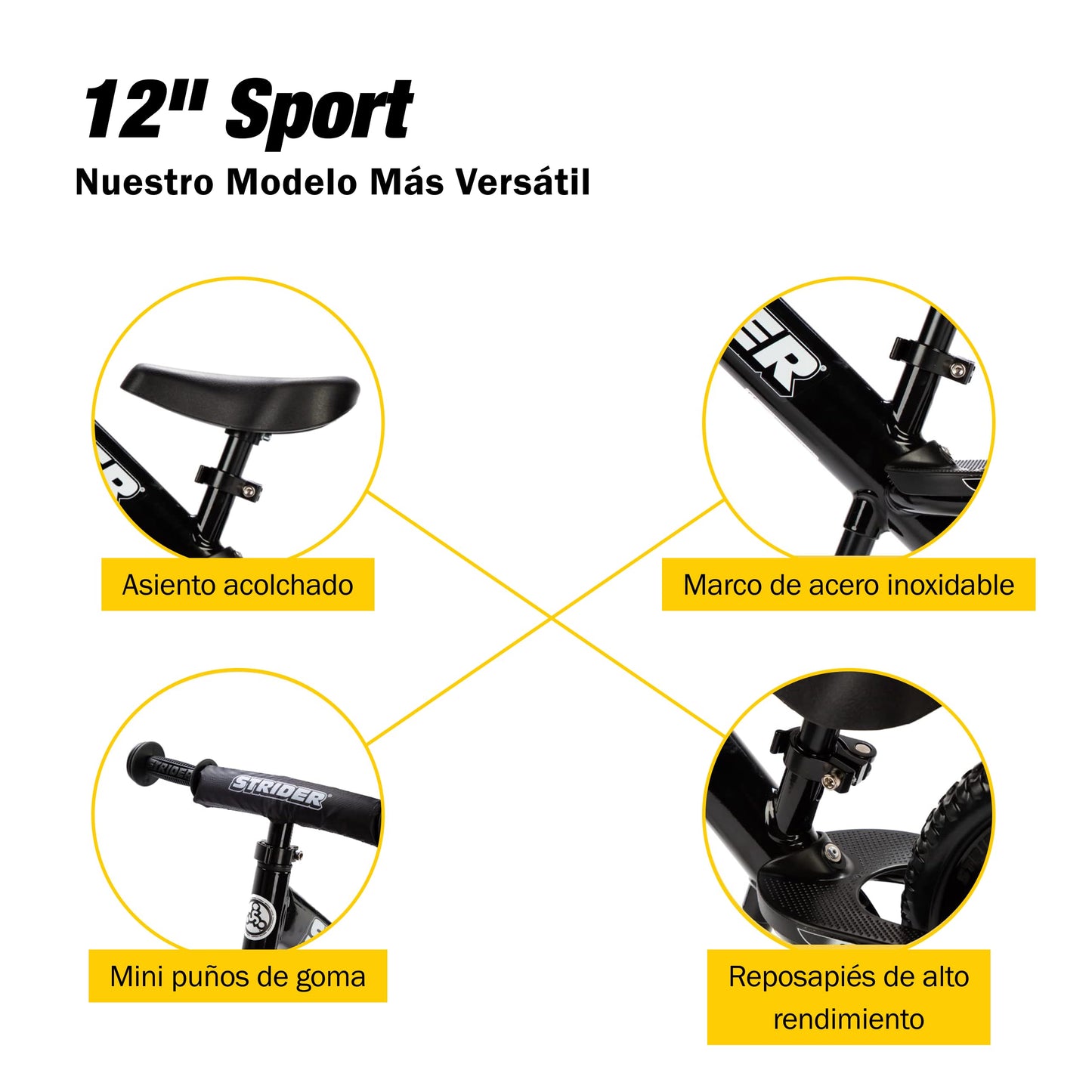 Strider 12” Sport Bike, Black - No Pedal Balance Bicycle for Kids 1 to 4 Years - Includes Safety Pad, Padded Seat, Mini Grips & Flat-Free Tires - Tool-Free Assembly & Adjustments