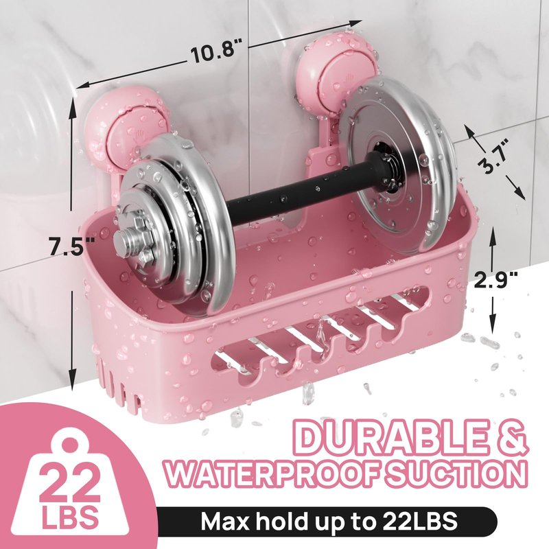 LEVERLOC Shower Caddy Suction Cup 2 Pack, Shower Organizer Removable Bathroom Shelf, Storage for Inside Shower Powerful Suction Max Hold 22lbs Waterproof Holder, Pink
