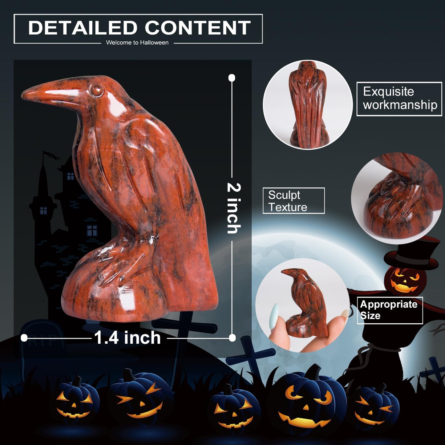Hguxmcu Natural Red Sesame Stone Raven Statue,2 Inch Mystical Crow Sculpture Gothic Home Decor,Spiritual Totem Art Healing Crystal Figurine Witchy Altar Decor Dark Academia Collectible